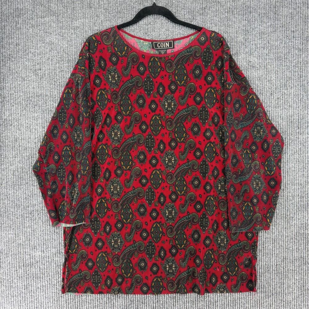 Vintage COIN pleated paisley tunic artsy plisse blouse womens medium lagenlook